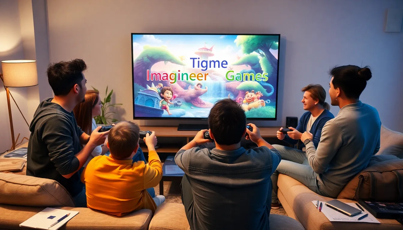 diverse group of gamers engaging with ImagineerGames in a modern living room.