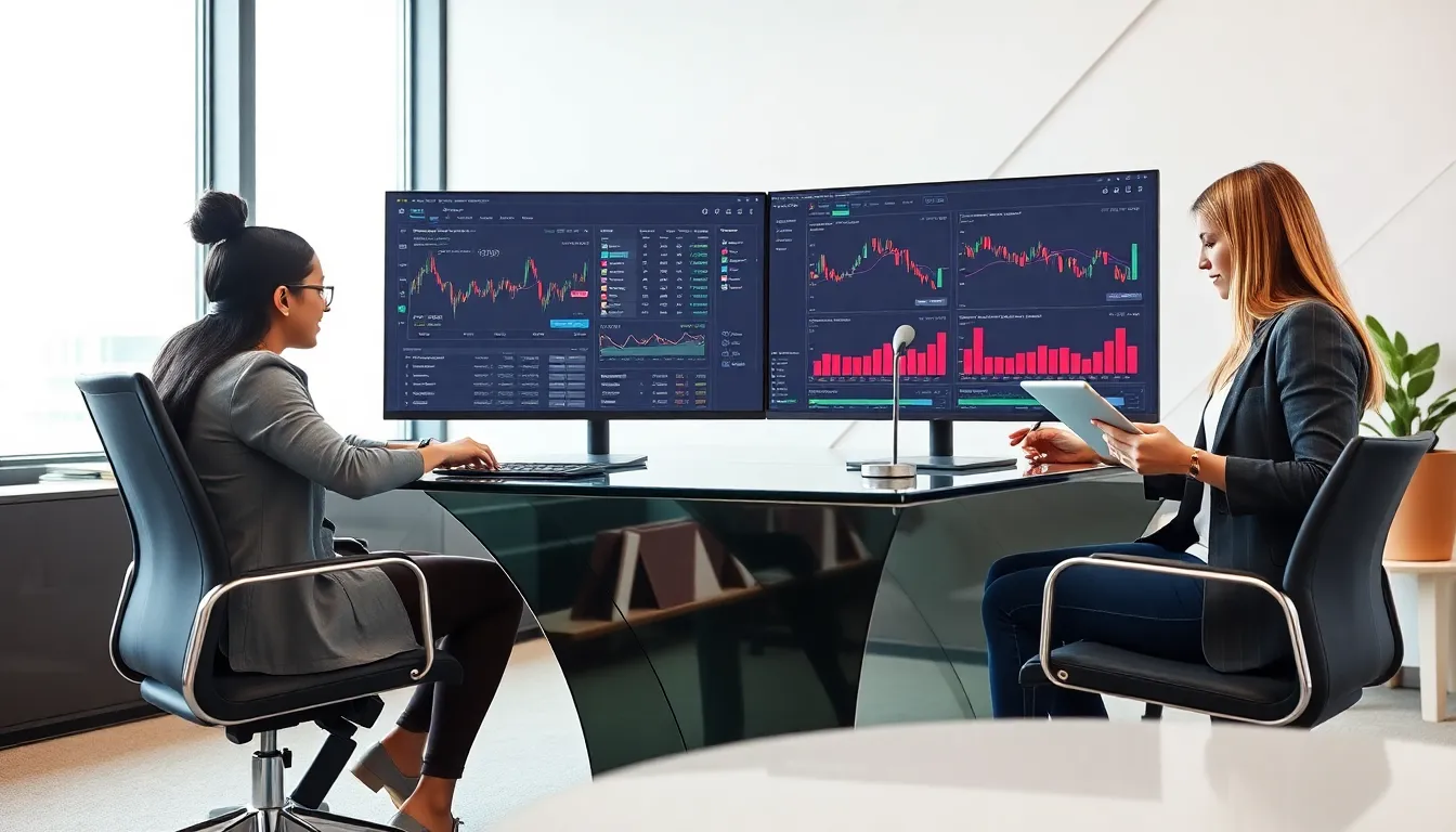 diverse team in a modern office engaging in cryptocurrency trading.