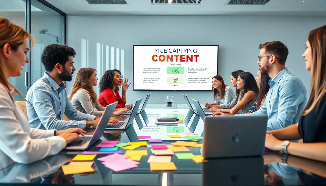 diverse team brainstorming captivating content in a modern office.