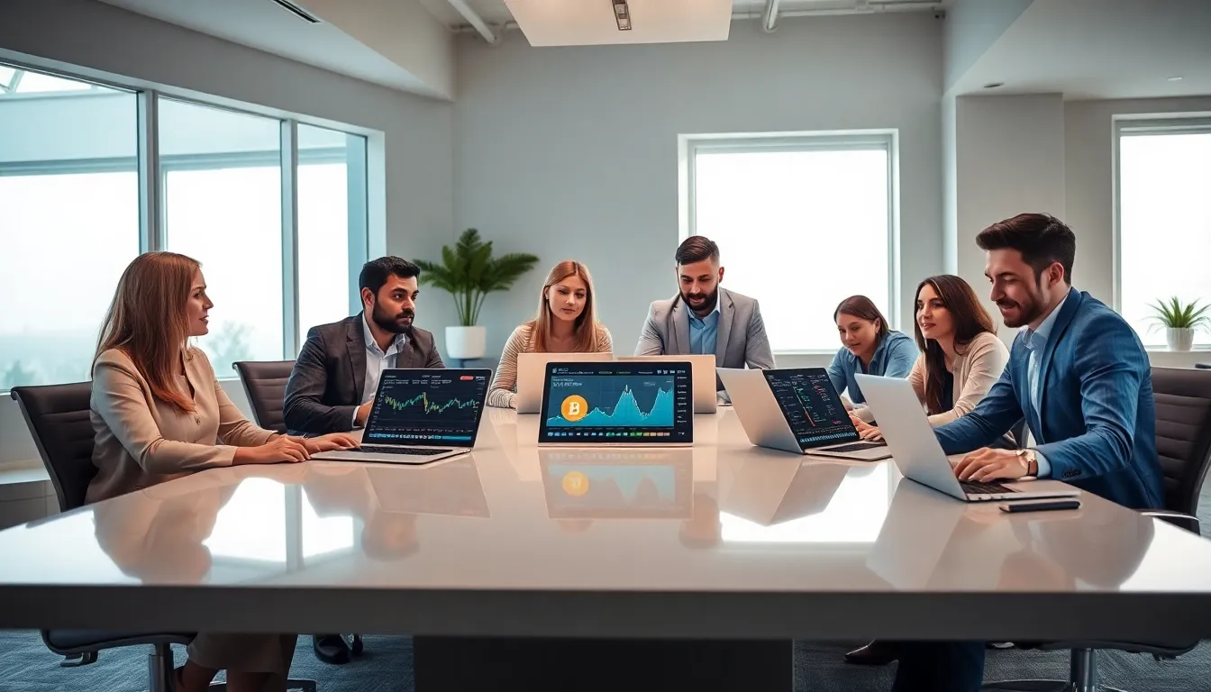 diverse professionals collaborating on cryptocurrency trading in a modern office.