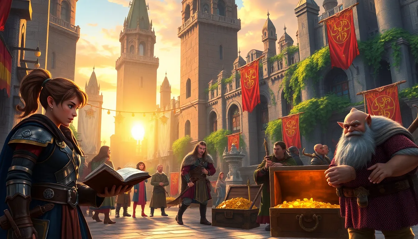 adventurers gathering in a bustling square inspired by Neverwinter.