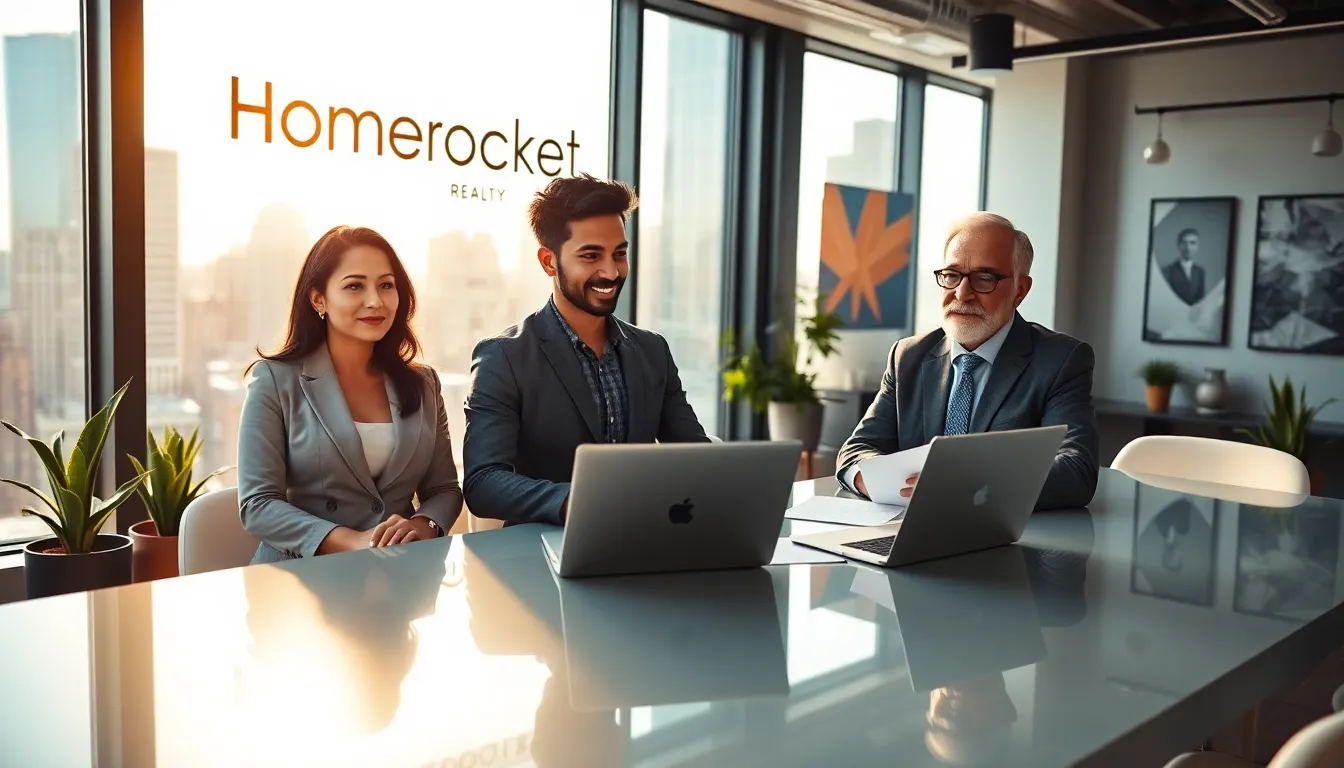 a diverse team collaborating in a modern office space of Homerocket Realty.