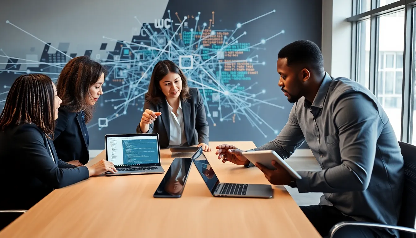diverse team collaborating in a modern workspace on legacy system upgrades.