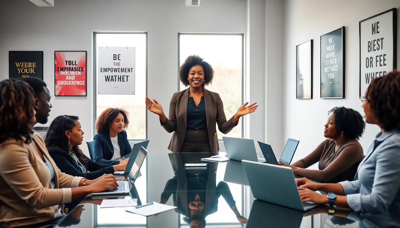 diverse professionals in a modern office discussing empowerment concepts.