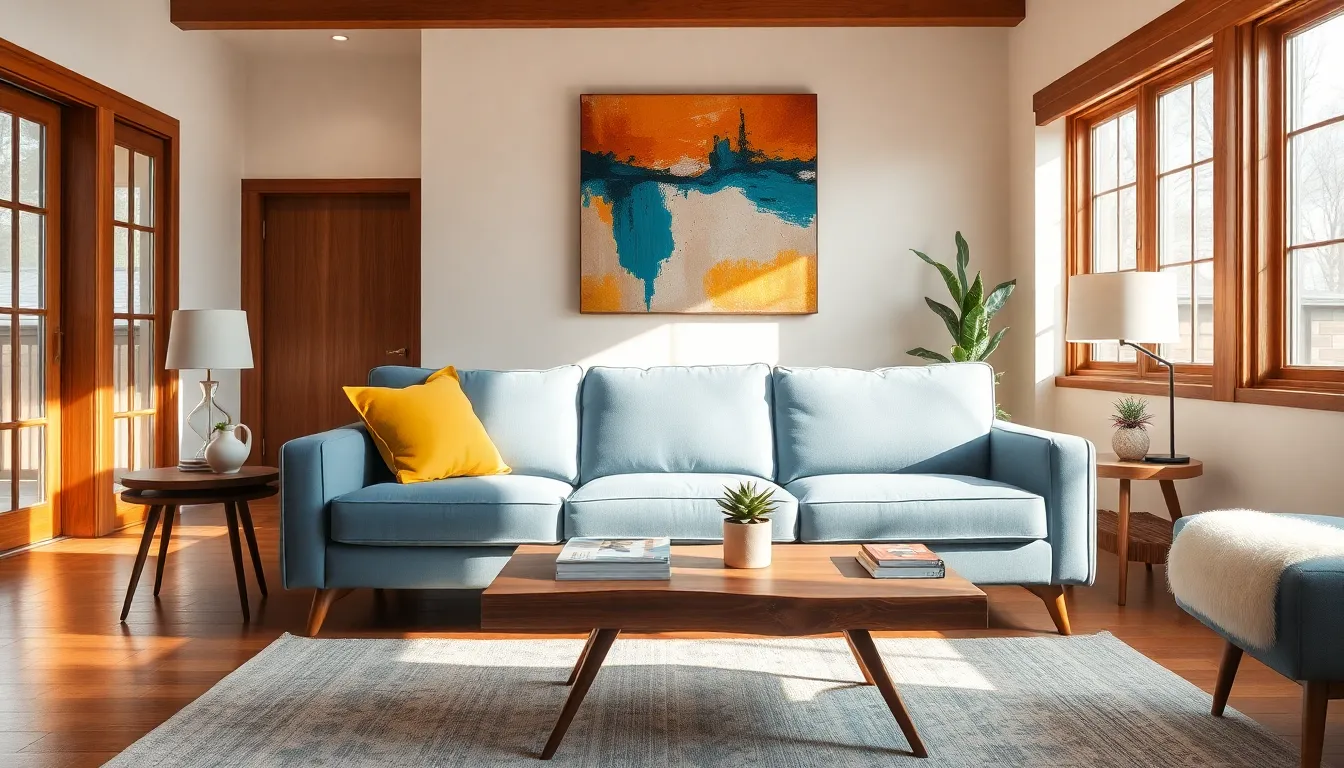 a stylish living room with modern furniture and warm lighting.
