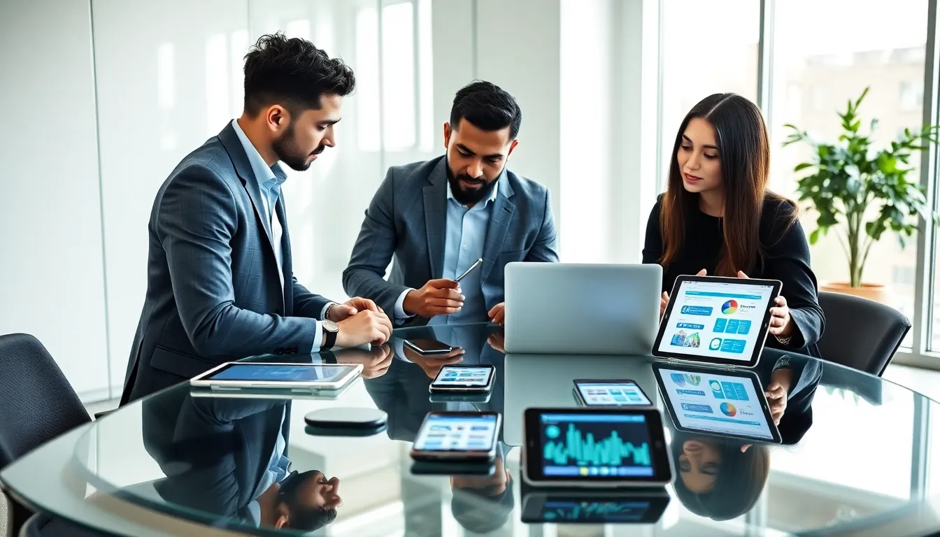 diverse team discussing software solutions in a modern office.