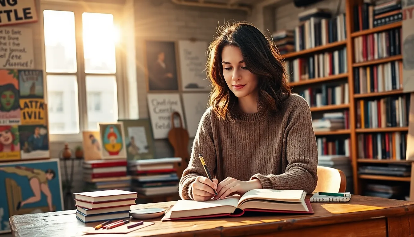 a young woman writing in an art studio filled with books and sunlight.