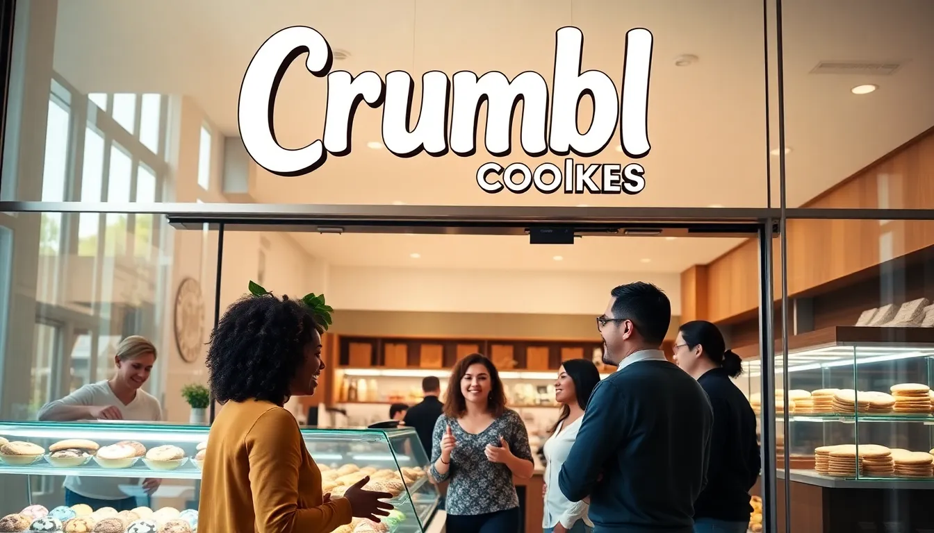 Crumbl Cookies storefront with diverse customers choosing cookies.