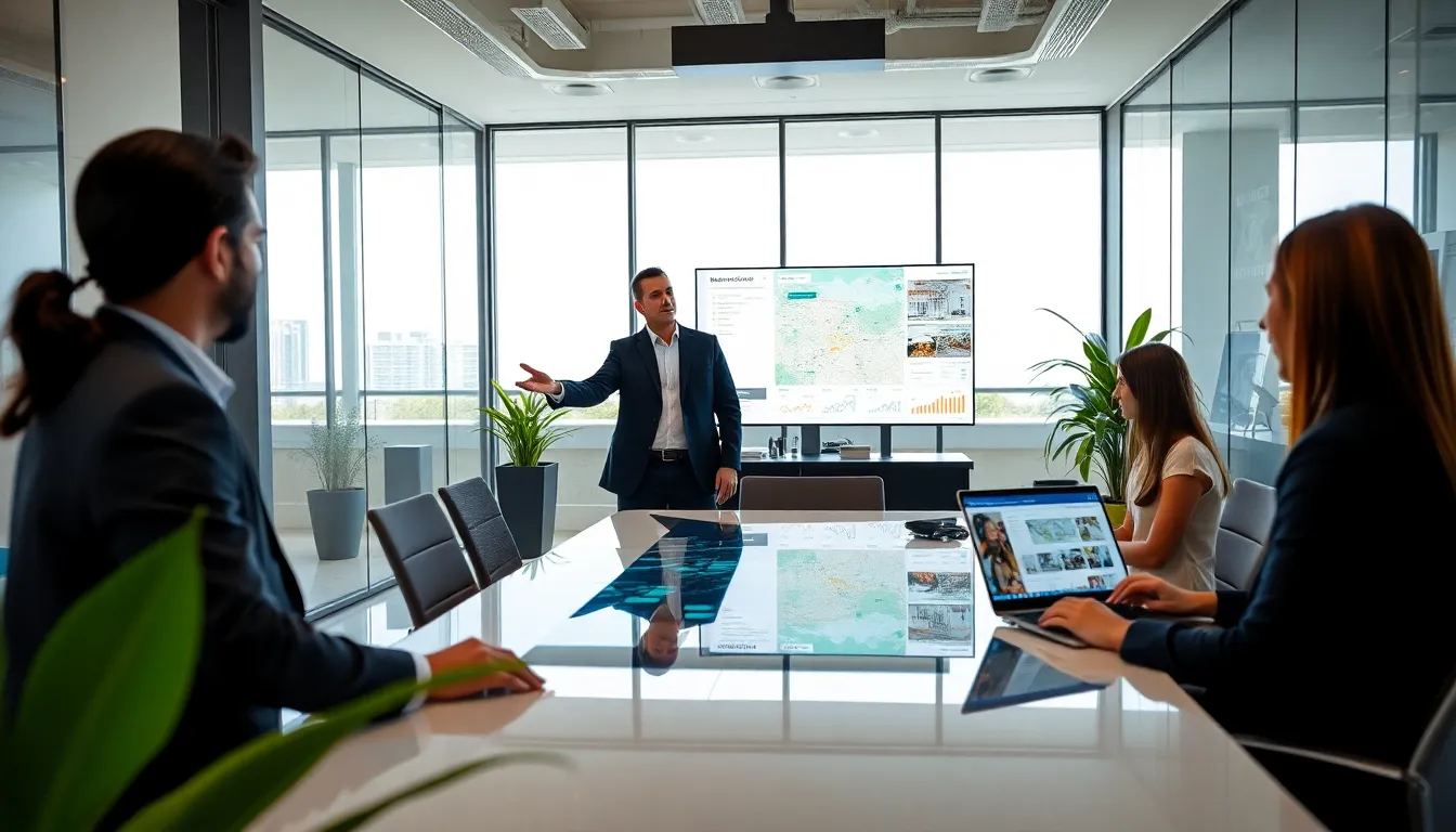 diverse team in a contemporary real estate office working together.