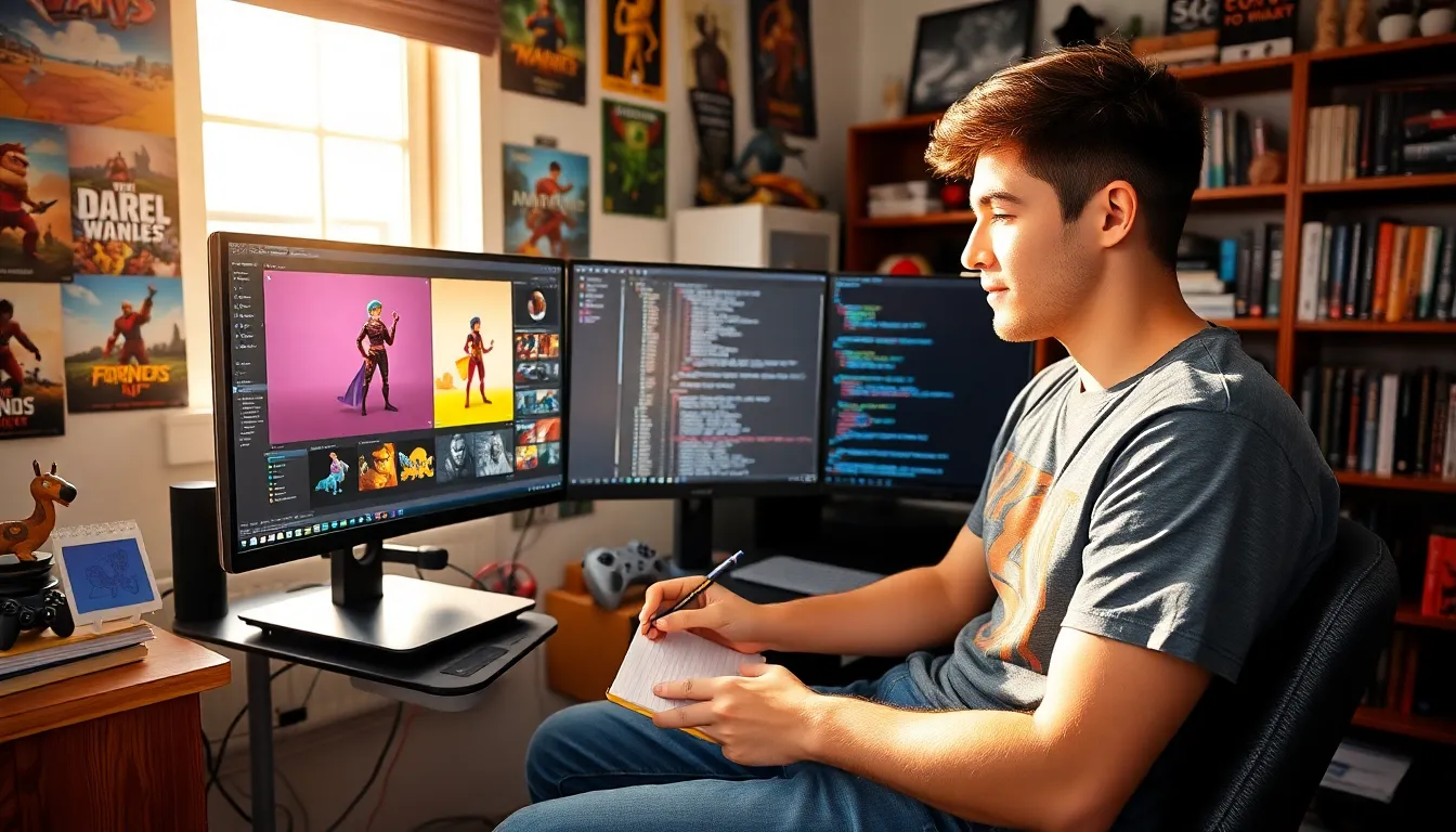 a game developer working in a cozy home office filled with gaming memorabilia.