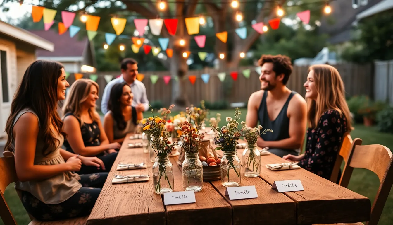 group celebrating a thrifty event in a decorated backyard setting.