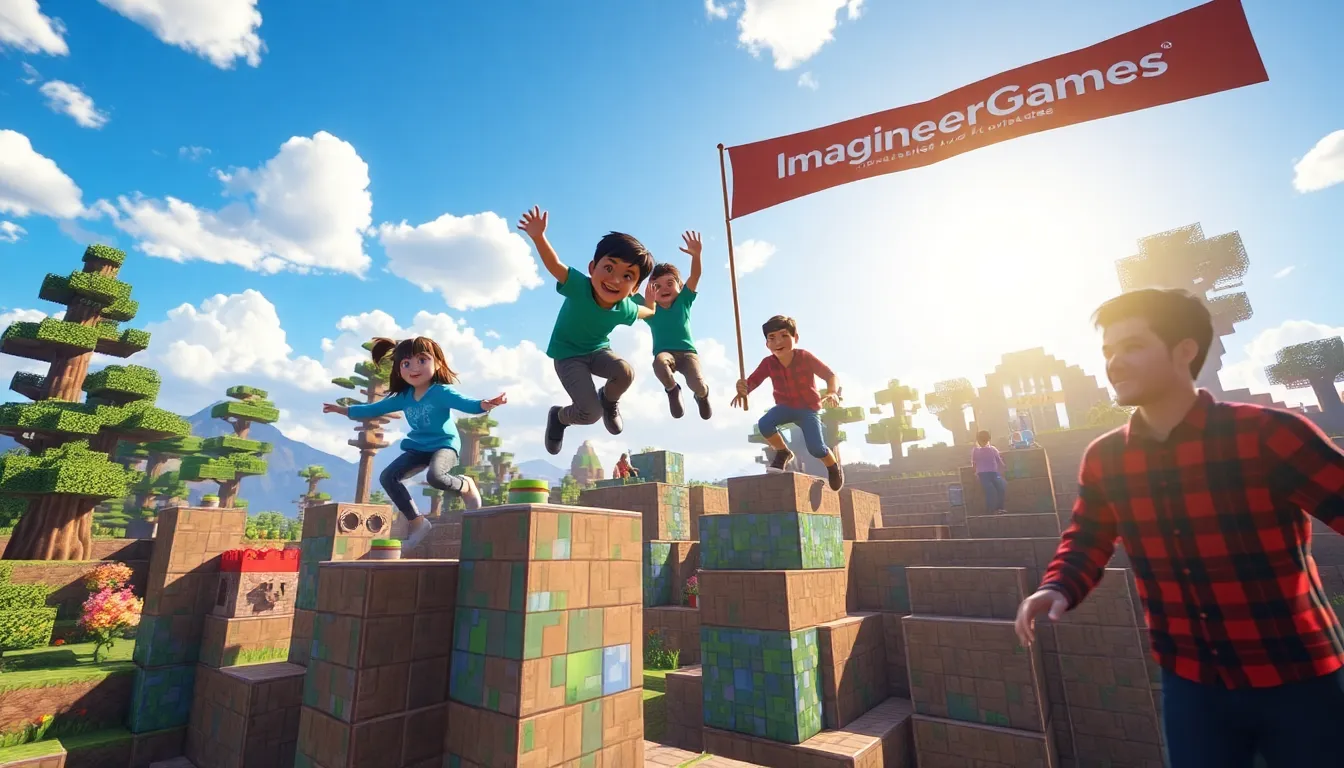 Players collaborating in a colorful Minecraft ImagineerGame parkour challenge.