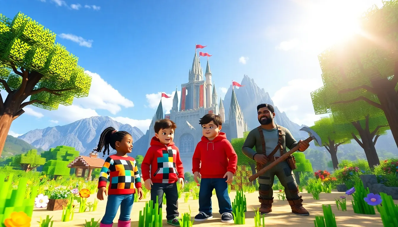 players discussing Minecraft strategies in a vibrant pixelated landscape.