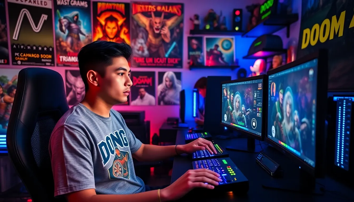 a young gamer at a multi-monitor setup playing classic PC games.