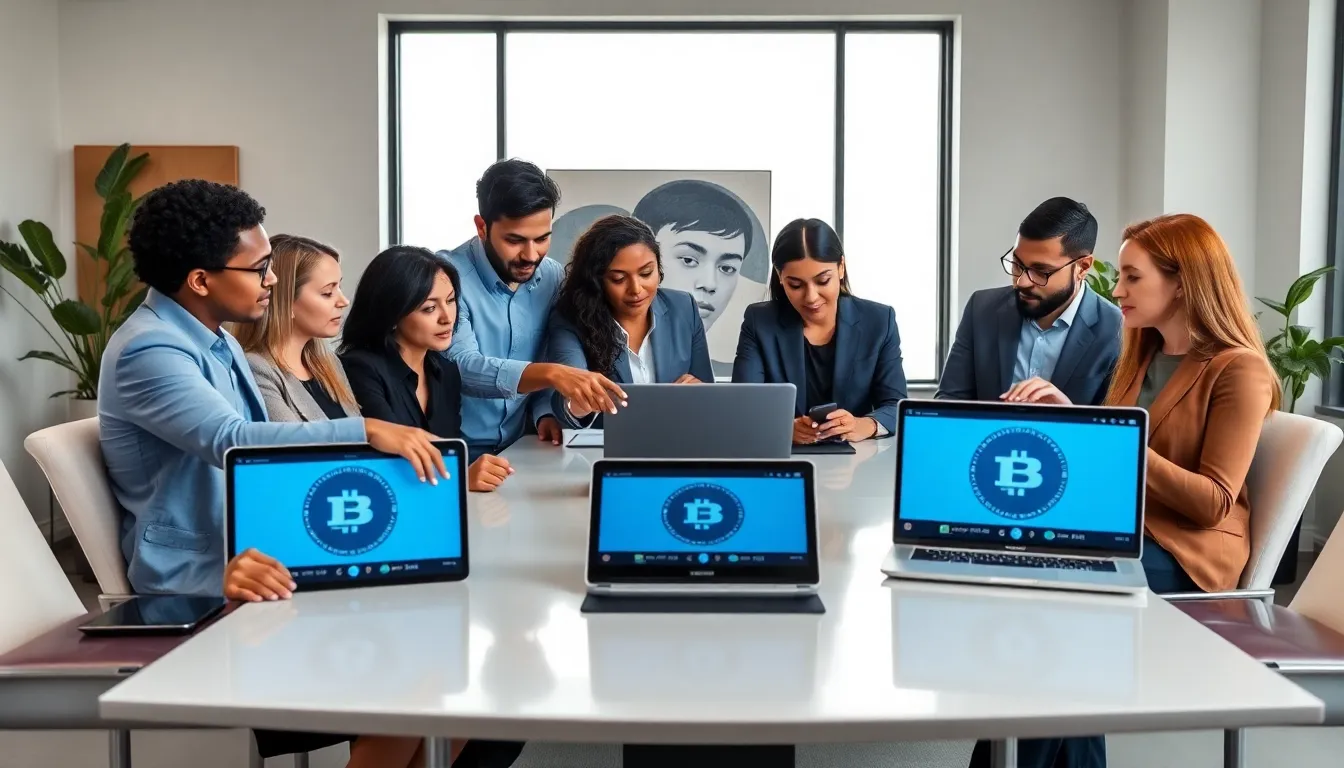 diverse team discussing Bitclassic Coin in a modern office.