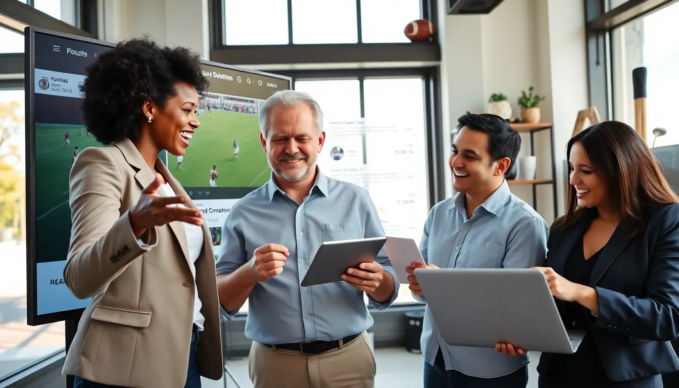 journalists discussing sports news with football and golf visuals in an office.