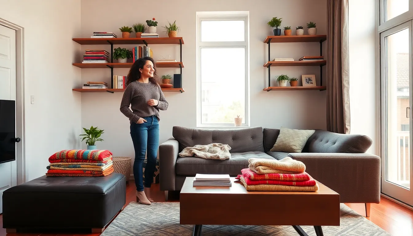 a woman in a stylish living room showcasing creative storage solutions.