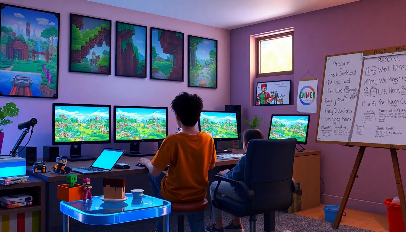 gamers collaborating in a Minecraft-themed room, surrounded by creative sketches and figurines.