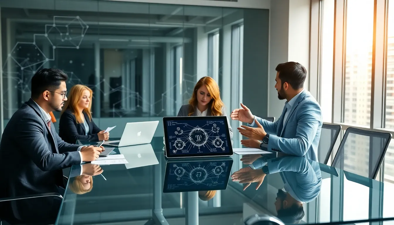 diverse team discussing Bitclassic cryptocurrency in a modern office.