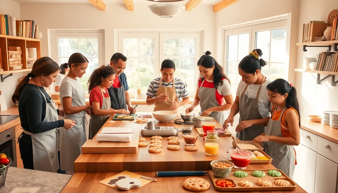 diverse bakers creating cookies in a cozy kitchen setting.