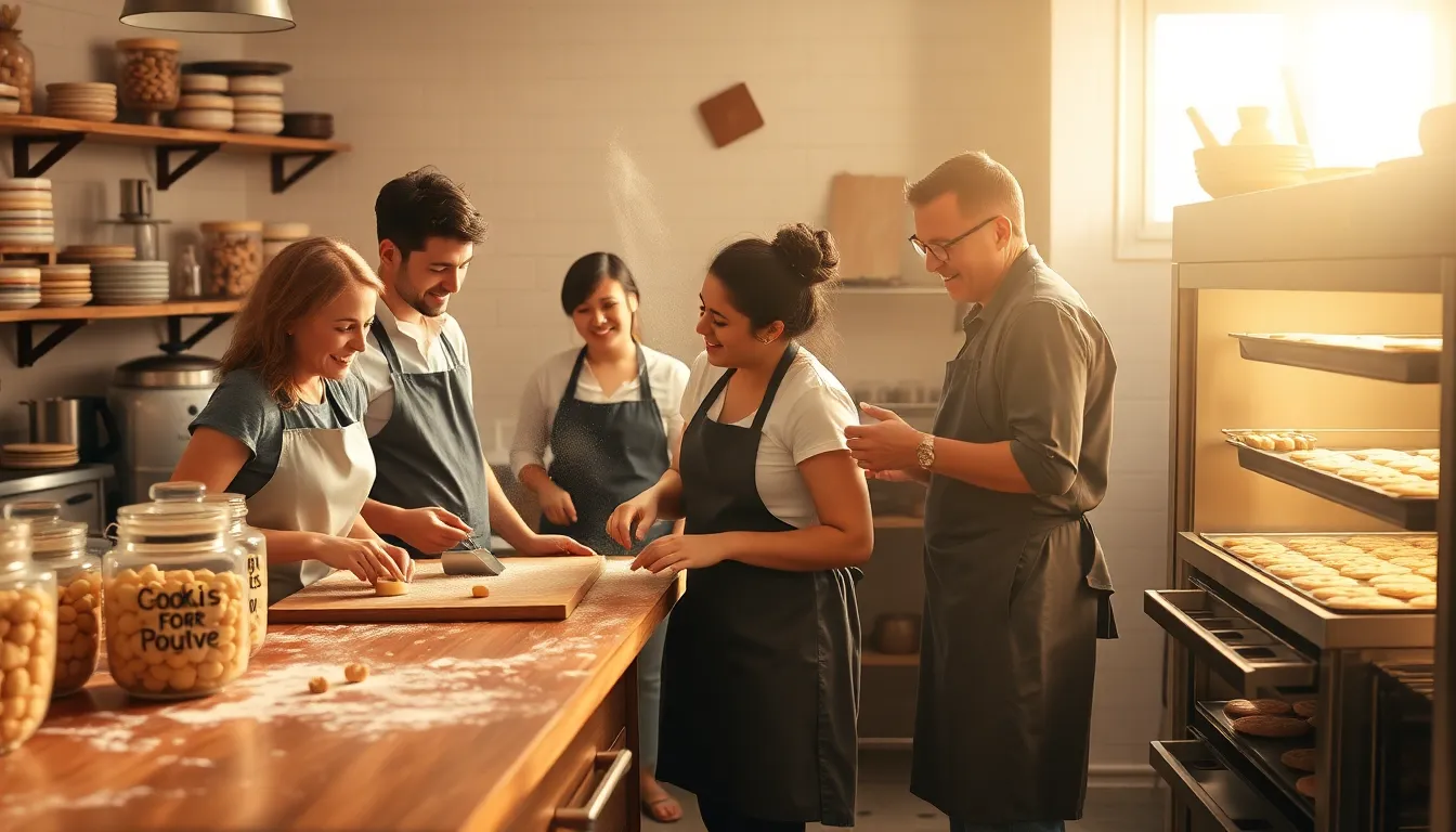 inviting bakery scene with diverse bakers preparing cookies.
