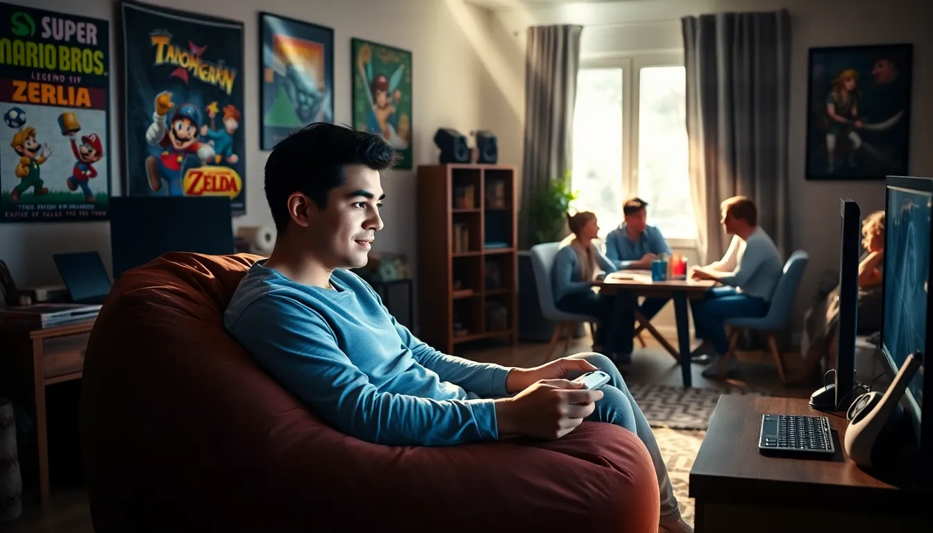 a young man gaming with friends in a cozy living room.