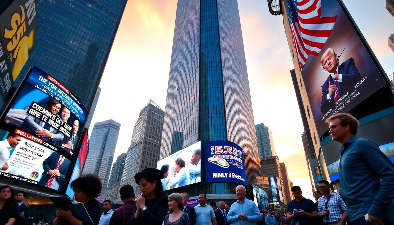 crowd reading and discussing global news in a cityscape at sunset.