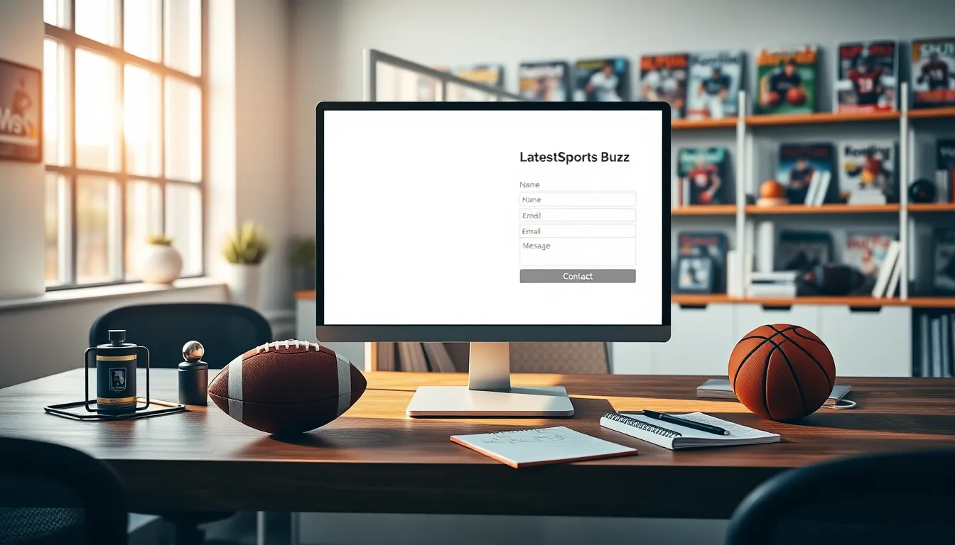 A computer displaying the LatestSportsBuzz contact form in a modern office.