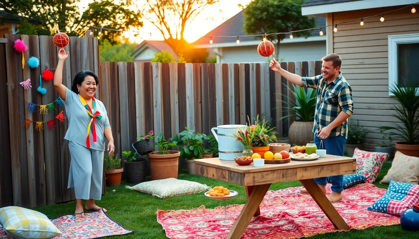 friends preparing for a colorful, budget-friendly backyard event.