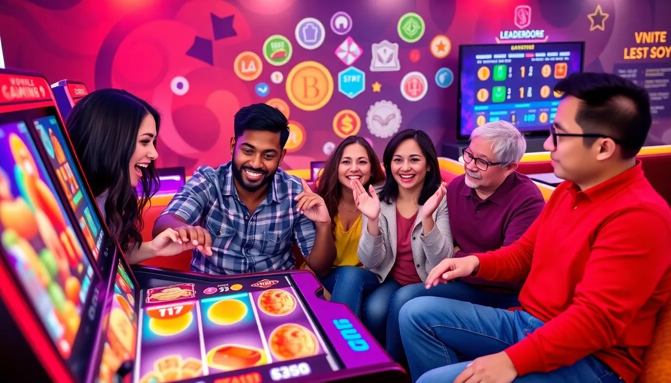 four players engaged at a redwebzine gamification slot game in a gaming lounge.
