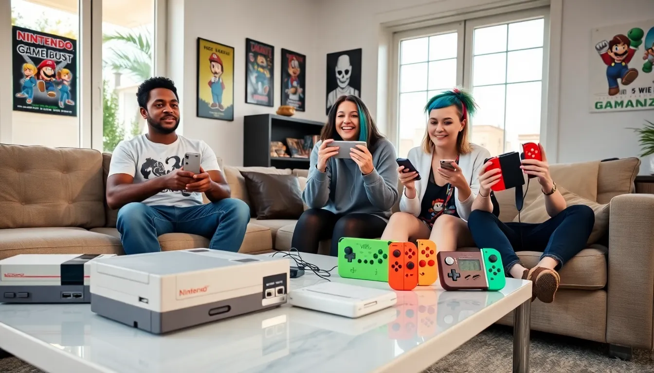 three people playing Nintendo gadgets in a modern living room.